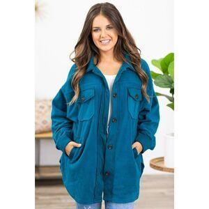 Zenana All About the Fleece Button-Down Shacket in Teal S-L QJ-4003D4